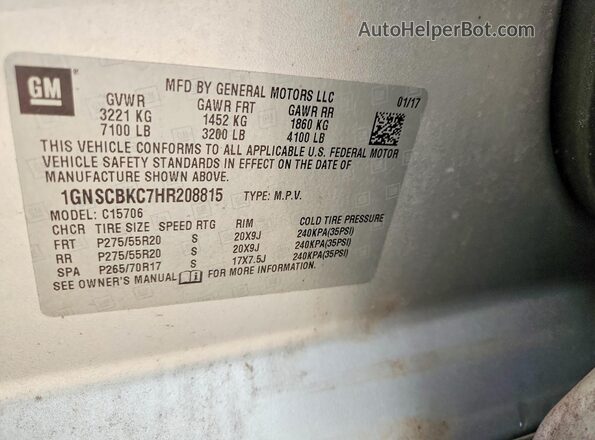 1GNSCBKC7HR208815 2017 CHEVROLET TAHOE Silver VIN կոդի պիտակի տեսք