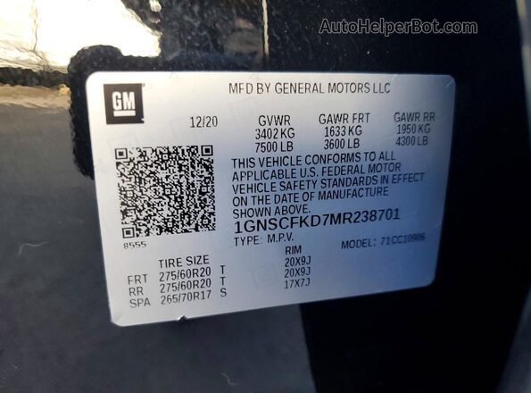1GNSCFKD7MR238701 2021 CHEVROLET SUBURBAN Black VIN კოდის სტიკერის ხედი
