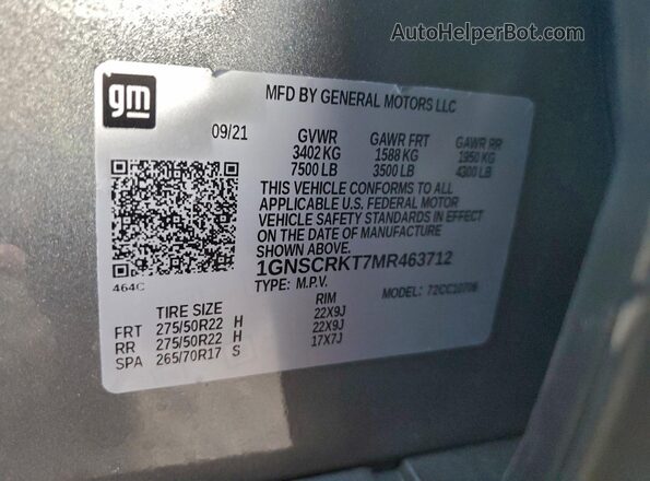 1GNSCRKT7MR463712 2021 CHEVROLET TAHOE Gray სალონის 360-გრადუსიანი ხედი