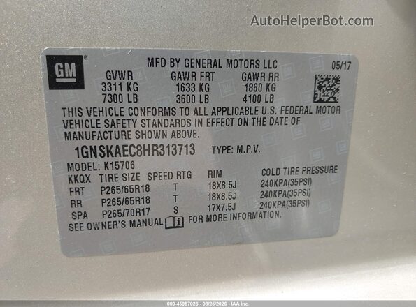 1GNSKAEC8HR313713 2017 CHEVROLET TAHOE Золотой Вид подкапотного пространства