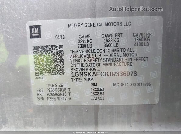 1GNSKAEC8JR336978 2018 CHEVROLET TAHOE Pewter Vista del compartimento del motor