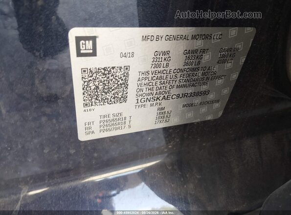 1GNSKAEC9JR338593 2018 CHEVROLET TAHOE Синий Вид подкапотного пространства
