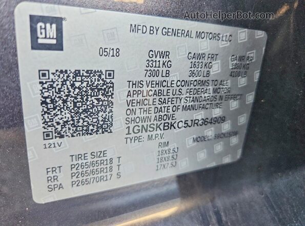 1GNSKBKC5JR364909 2018 CHEVROLET TAHOE Charcoal VIN sticker view