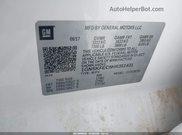 1GNSKFEC5HR351431 2017 CHEVROLET TAHOE White Engine compartment view