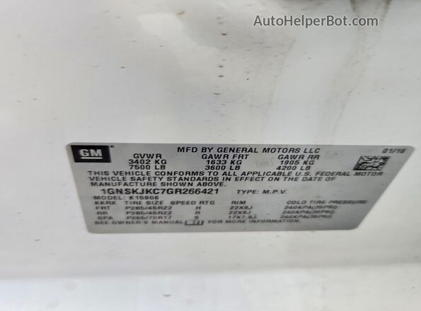 1GNSKJKC7GR266421 2016 CHEVROLET SUBURBAN White Vista interior de 360 grados