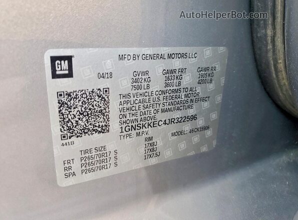 1GNSKKEC4JR322596 2018 CHEVROLET SUBURBAN Silver Vista del compartimento del motor