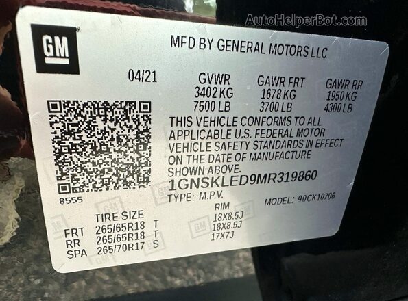 1GNSKLED9MR319860 2021 CHEVROLET TAHOE Black Vista de los asientos traseros