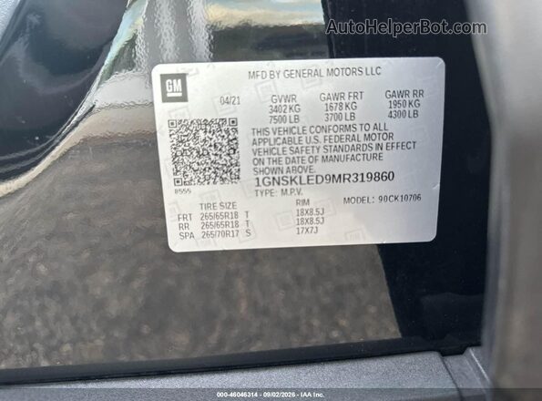1GNSKLED9MR319860 2021 CHEVROLET TAHOE Black Շարժիչի բաժամունքի տեսք