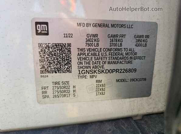 1GNSKSKD0PR226809 2023 CHEVROLET TAHOE White VIN sticker view