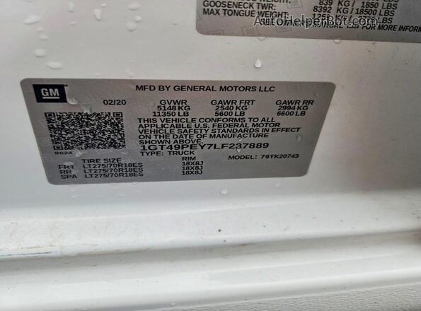 1GT49PEY7LF237889 2020 GMC SIERRA White Widok komory silnika
