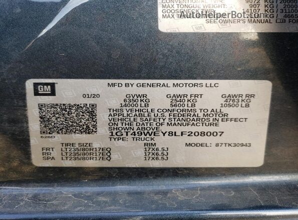 1GT49WEY8LF208007 2020 GMC SIERRA Gray Widok naklejki z numerem VIN