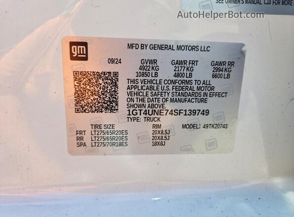 1GT4UNE74SF139749 2025 GMC SIERRA White Vista de la etiqueta del VIN