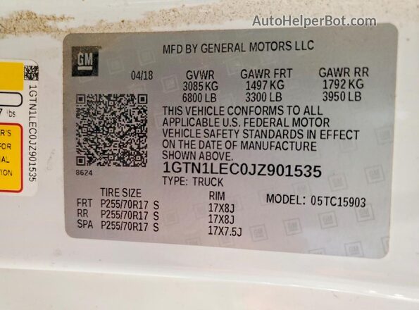 1GTN1LEC0JZ901535 2018 GMC SIERRA White VIN კოდის სტიკერის ხედი