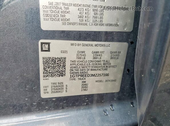 1GTP9EED3MZ257166 2021 GMC SIERRA Blue Շարժիչի բաժամունքի տեսք
