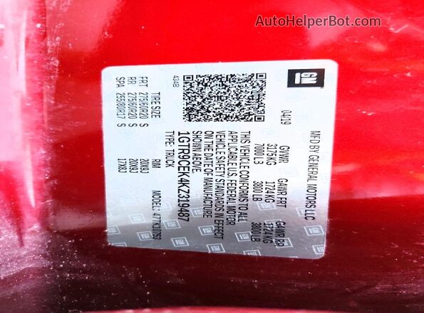 1GTR9CEK4KZ319487 2019 GMC SIERRA Red VIN sticker view