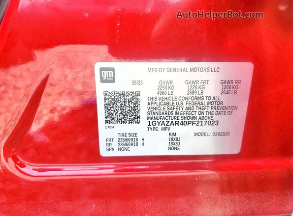 1GYAZAR40PF217023 2023 CADILLAC XT4 Red Widok naklejki z numerem VIN