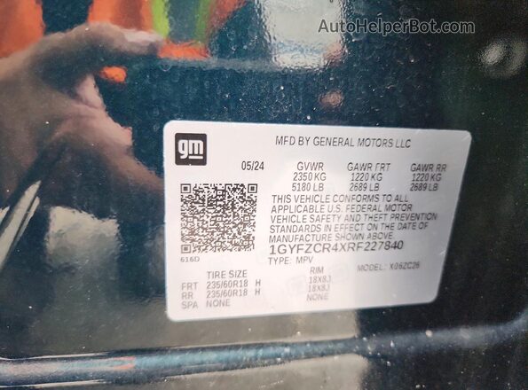 1GYFZCR4XRF227840 2024 CADILLAC XT4 Синий Вид наклейки с VIN-кодом