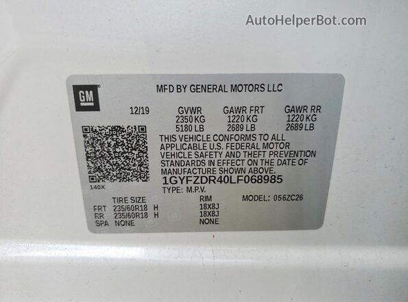 1GYFZDR40LF068985 2020 CADILLAC XT4 Белый Вид наклейки с VIN-кодом