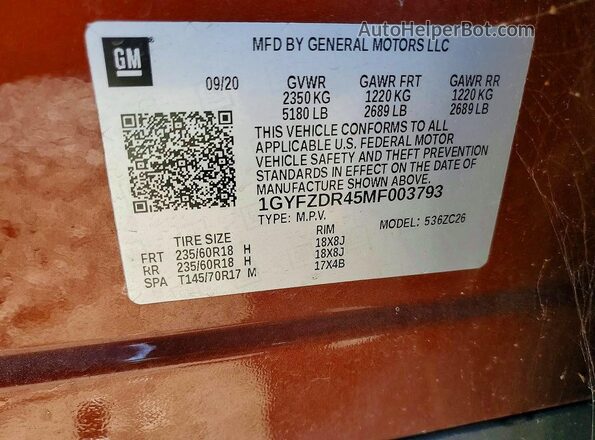 1GYFZDR45MF003793 2021 CADILLAC XT4 Orange VIN კოდის სტიკერის ხედი