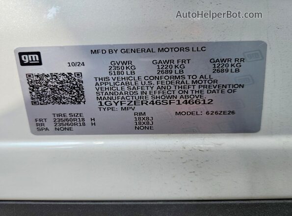 1GYFZER46SF146612 2025 CADILLAC XT4 White VIN კოდის სტიკერის ხედი