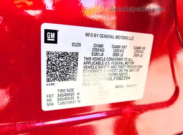 1GYFZFR48LF082354 2020 CADILLAC XT4 Red Vista de la etiqueta del VIN