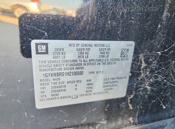 1GYKNBRS1HZ105500 2017 CADILLAC XT5 Black Vista de la etiqueta del VIN