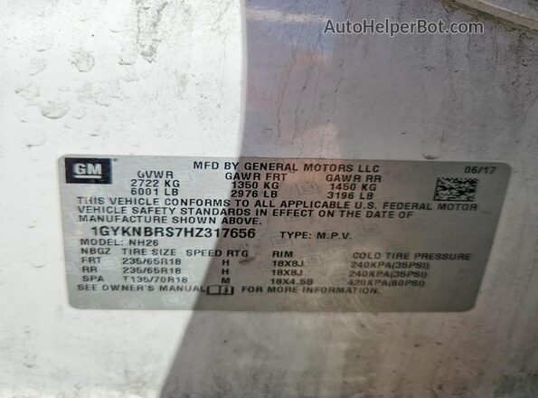 1GYKNBRS7HZ317656 2017 CADILLAC XT5 White Вид наклейки з VIN-кодом