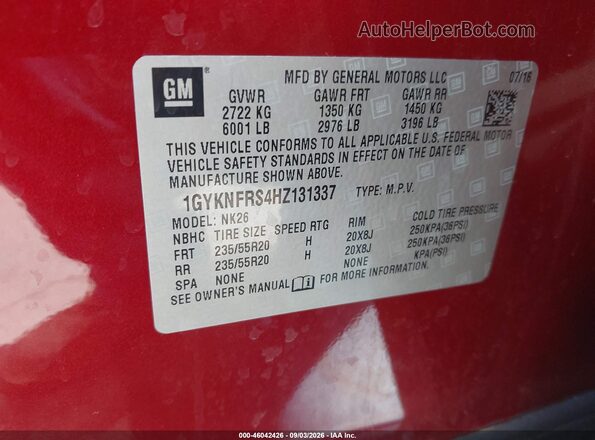 1GYKNFRS4HZ131337 2017 CADILLAC XT5 Красный Вид подкапотного пространства