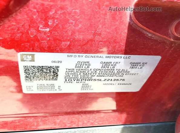 1GYKPHRS5LZ213575 2020 CADILLAC XT6 Red VIN კოდის სტიკერის ხედი