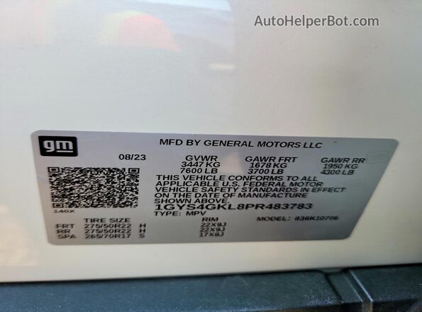 1GYS4GKL8PR483783 2023 CADILLAC ESCALADE White VIN კოდის სტიკერის ხედი