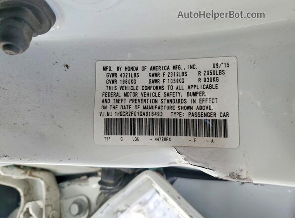 1HGCR2F01GA016493 2016 HONDA ACCORD Белый Вид подкапотного пространства