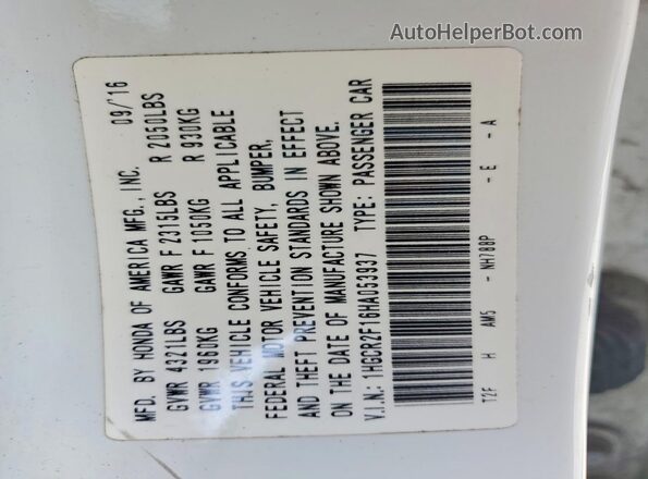 1HGCR2F16HA053937 2017 HONDA ACCORD White Вид наклейки з VIN-кодом