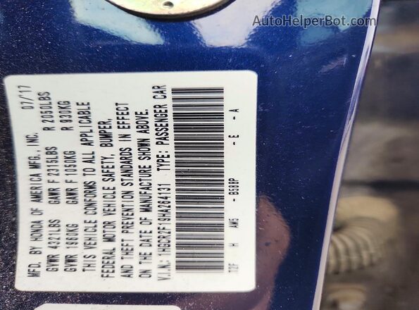 1HGCR2F19HA264131 2017 HONDA ACCORD Blue Widok naklejki z numerem VIN