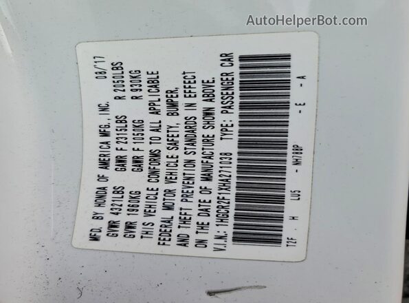 1HGCR2F1XHA271038 2017 HONDA ACCORD White Vista del compartimento del motor