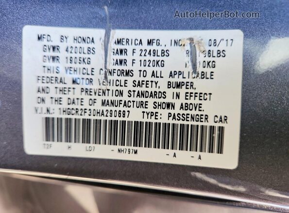 1HGCR2F30HA290697 2017 HONDA ACCORD Charcoal Vista de la etiqueta del VIN