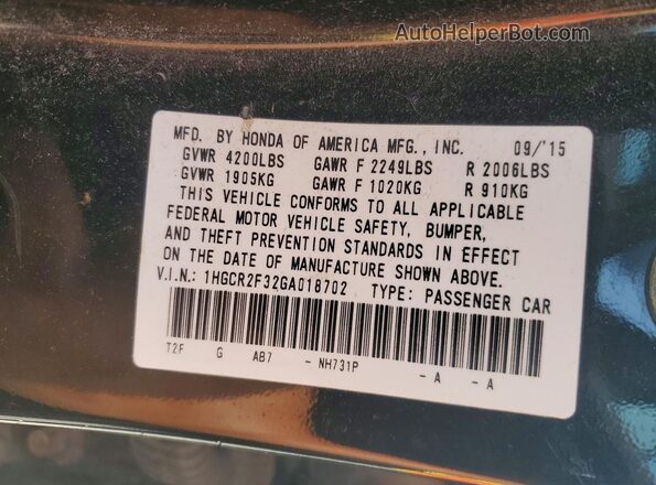 1HGCR2F32GA018702 2016 HONDA ACCORD Black Widok komory silnika