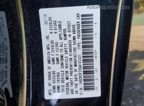 1HGCR2F33GA150321 2016 HONDA ACCORD Black VIN კოდის სტიკერის ხედი
