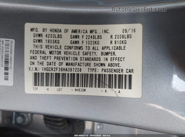 1HGCR2F36HA067208 2017 HONDA ACCORD Silver Engine compartment view