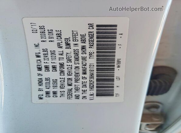 1HGCR2F36HA161721 2017 HONDA ACCORD White Вид підкапотного простору