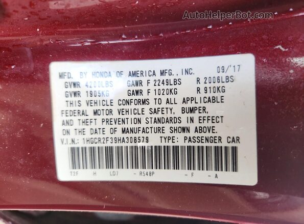 1HGCR2F39HA308579 2017 HONDA ACCORD Burgundy ძრავის განყოფილების ხედი