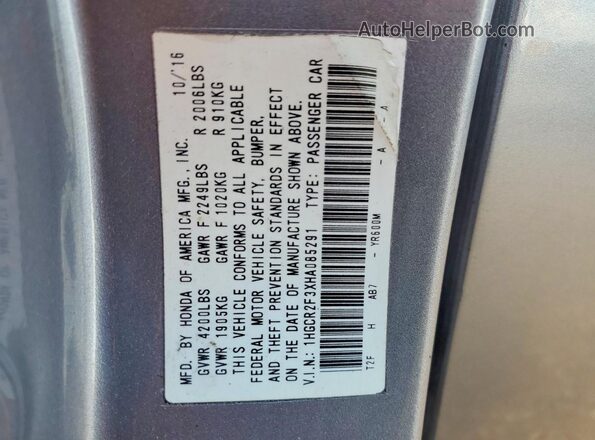 1HGCR2F3XHA085291 2017 HONDA ACCORD Серебряный Вид наклейки с VIN-кодом