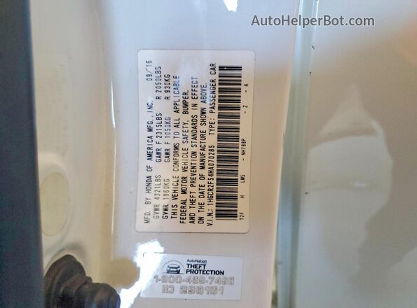 1HGCR2F54HA070285 2017 HONDA ACCORD White Вид наклейки з VIN-кодом