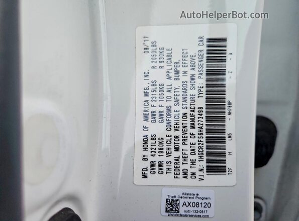 1HGCR2F56HA273498 2017 HONDA ACCORD White Engine compartment view