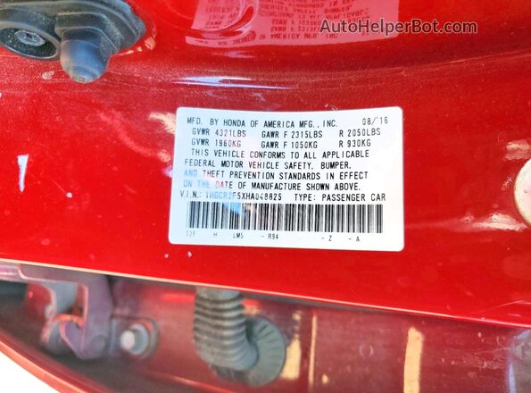 1HGCR2F5XHA048825 2017 HONDA ACCORD Красный Вид подкапотного пространства
