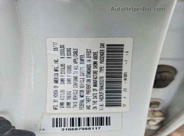 1HGCR2F79HA293276 2017 HONDA ACCORD White Вид наклейки з VIN-кодом