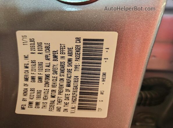 1HGCR2F80GA078554 2016 HONDA ACCORD Silver Widok naklejki z numerem VIN