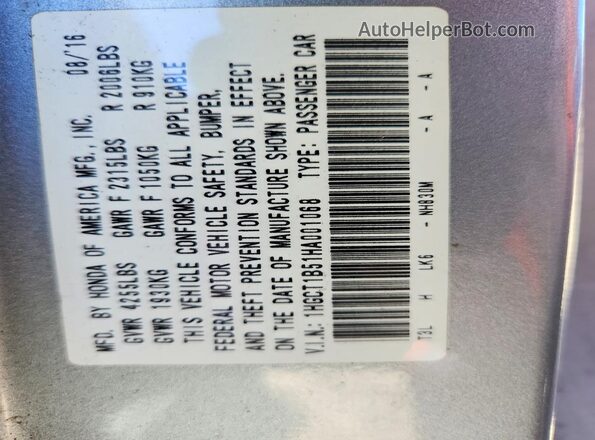 1HGCT1B51HA001068 2017 HONDA ACCORD Silver Vista del compartimento del motor