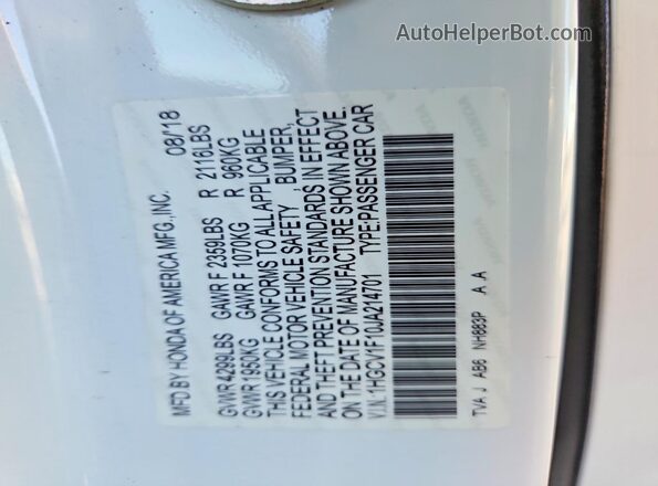 1HGCV1F10JA214701 2018 HONDA ACCORD White Engine compartment view