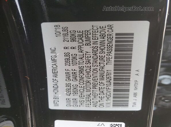 1HGCV1F10JA267611 2018 HONDA ACCORD Black Vista de la etiqueta del VIN