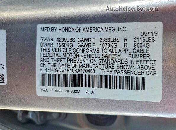 1HGCV1F10KA170460 2019 HONDA ACCORD Silver Շարժիչի բաժամունքի տեսք